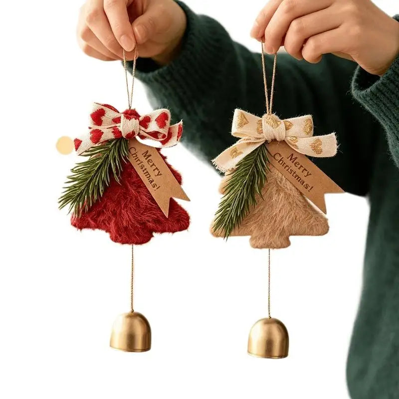 Plush Christmas Tree Ornament with Bow & Brass Bells | Xmas Décor Christmas Ornament Axl