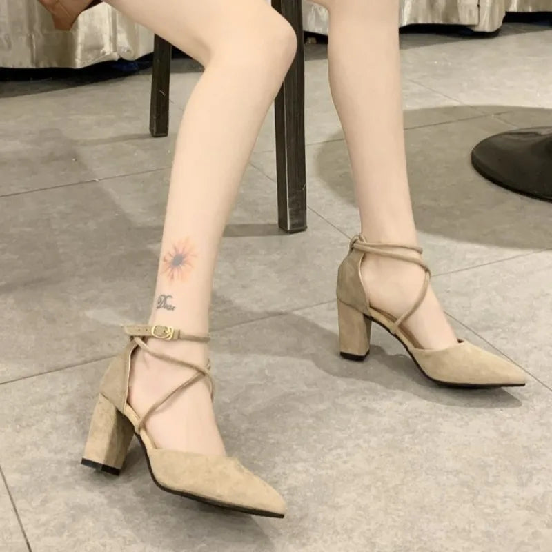 Women's Block Heel Sandals – Pointed Toe Buckle Strap Roman Style Block Heel Sandals Axl
