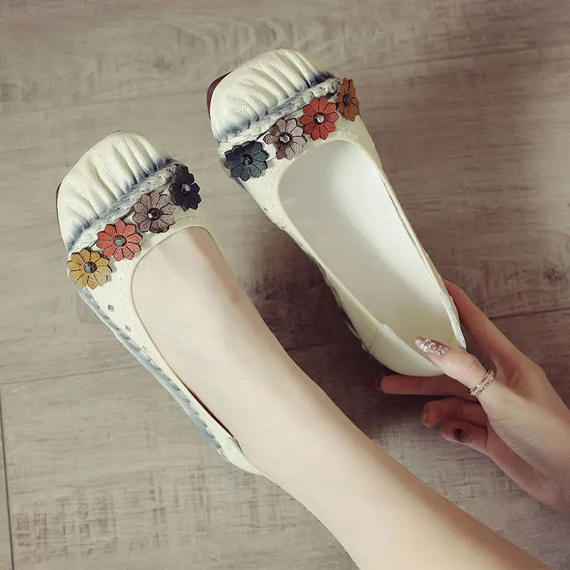 Women's Genuine Leather Floral Loafers | Wide Fit Flat Moccasins Leather Flat Loafers Axl