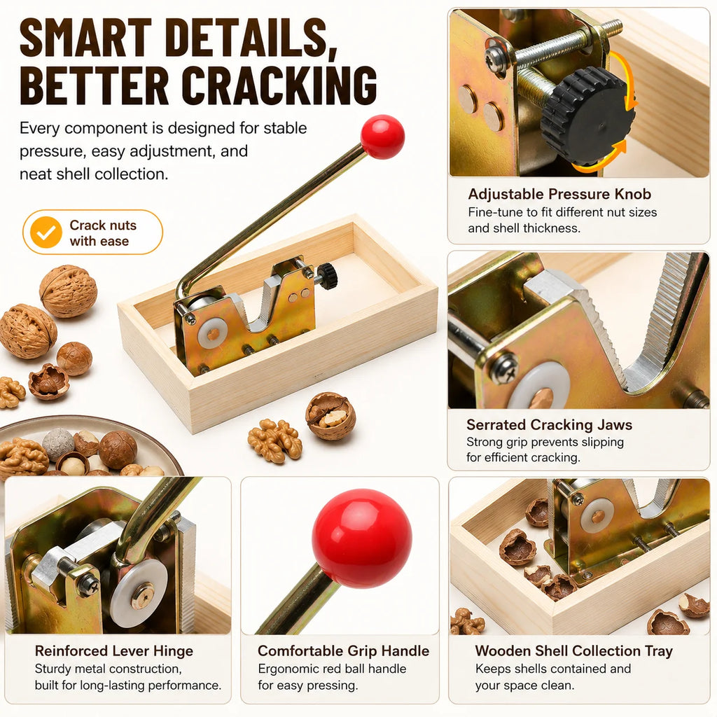 Heavy Duty Adjustable Nut Cracker with Wooden Base | Manual Tool Manual Nut Cracker Axl