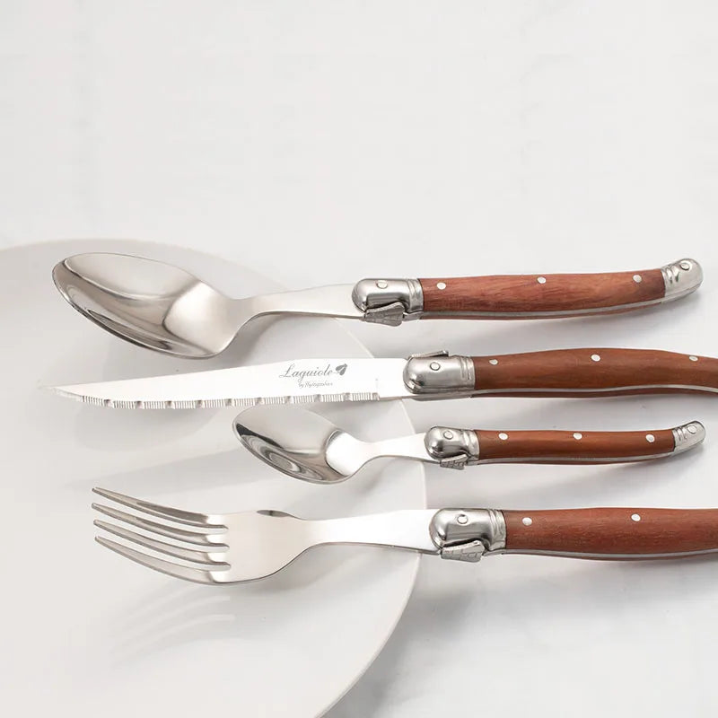 24-Piece Laguiole-Style Flatware Set – Wood Handle Steak Knife & Cutlery Flatware Cutlery Set Axl
