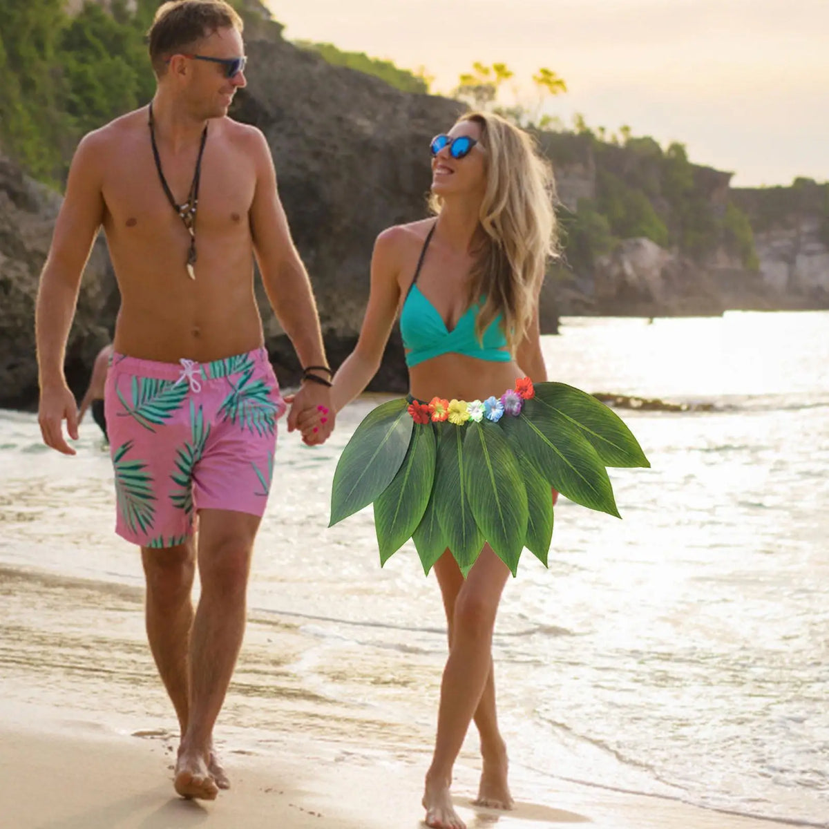 Hawaiian Grass Skirt with Flowers & Wreath Set | Party Costume Costume Skirt Set Axl