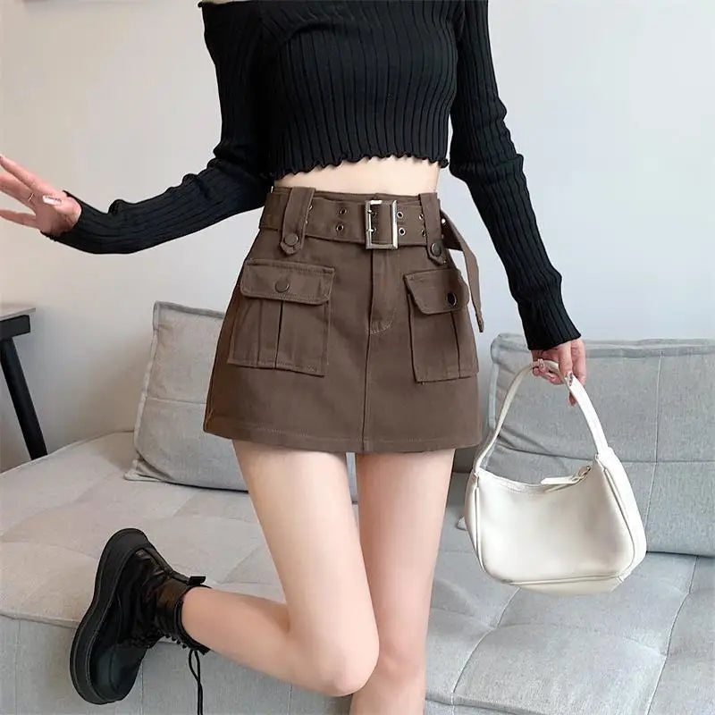 Women's Y2K High-Waist Cargo Skort – A-Line Skirt Shorts Skirt Shorts Skort Axl Coffee M