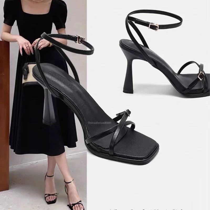 Women's Buckle Ankle Strap High Heel Sandals – Square Open Toe High Heel Sandals Axl