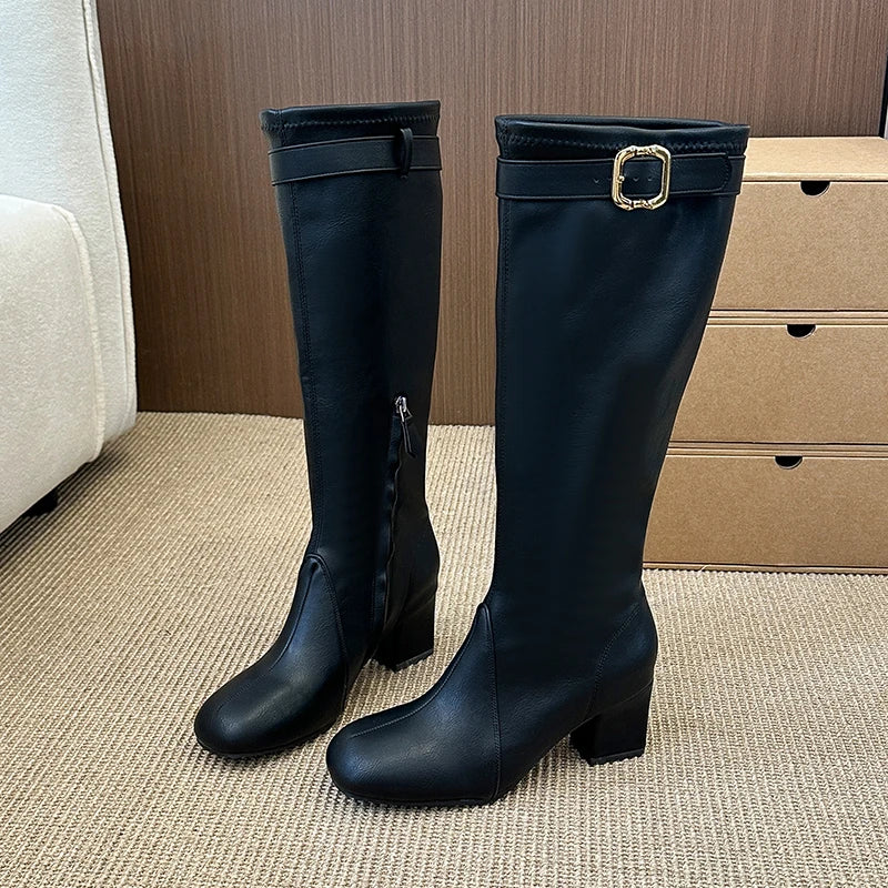 Women's Knee-High Boots | Square Heel Round Toe Buckle Knee-High Boots Axl