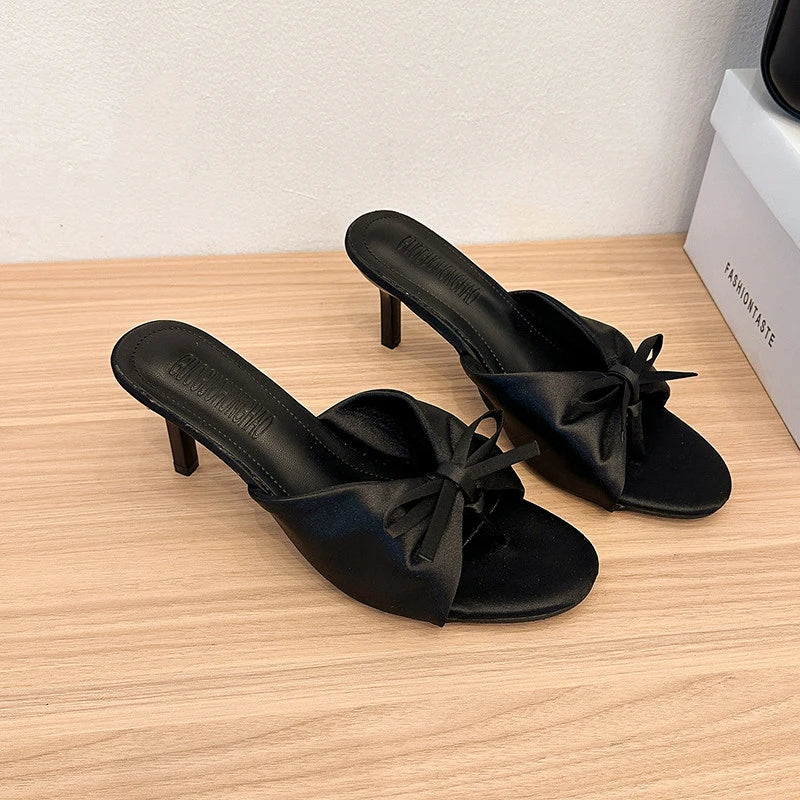 Satin Butterfly-Knot Women's High Heel Slippers | Clip Toe High Heel Slippers Axl black 37