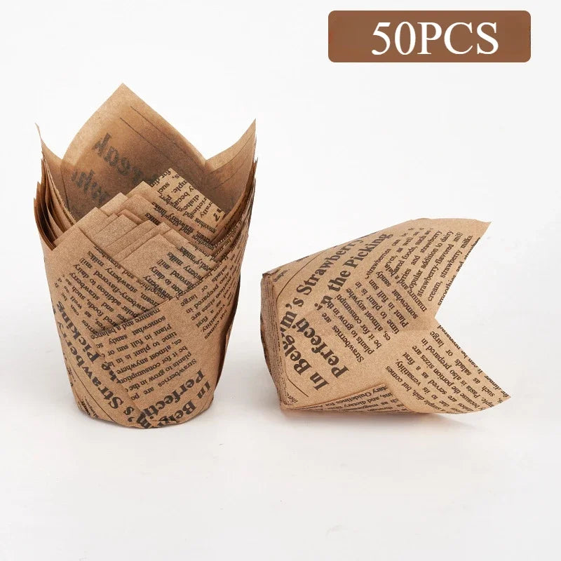 50-Pack Newspaper Tulip Cupcake Liners – Grease-Proof Baking Cups Cupcake Liners Axl brown letters