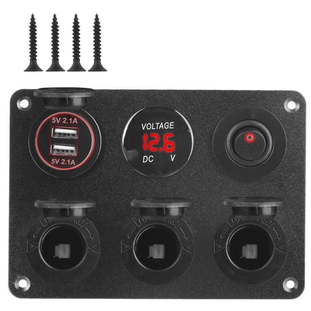 12V Power Panel – 3 Sockets, Dual USB 4.2A & LED Voltmeter Car Power Panel Axl Red