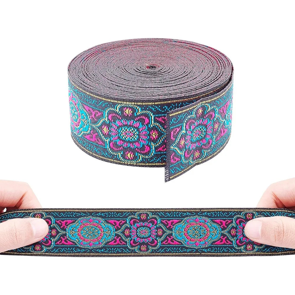 Ethnic Floral Embroidery Ribbon 33mm Magenta – 7m Polyester Embroidery Ribbon Axl