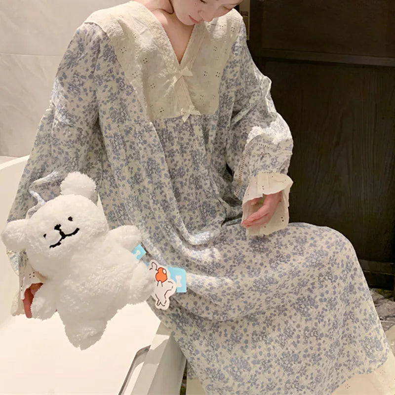 Women's Floral Lace V-Neck Long Nightgown | Soft Rustic Sleepwear Women's Nightgown Axl