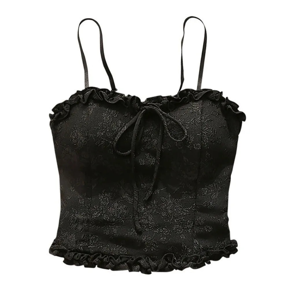Women's Ruffle Bowknot Lace Crop Camisole Top | Slim Fit Summer Lace Crop Camisole Axl Black One Size