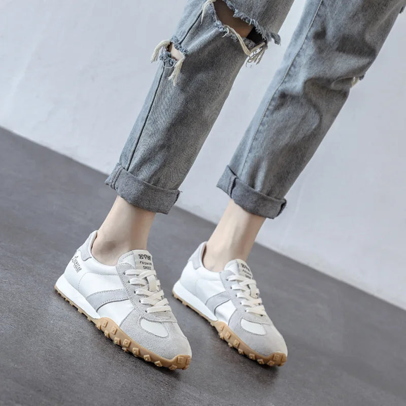 Women's Flat Lace-Up Casual Sneakers – Soft PU White Shoes Women's Casual Sneakers Axl Beige 35