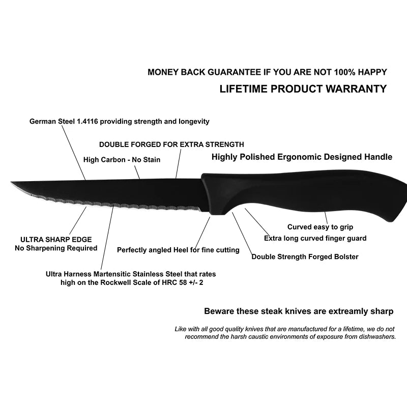 Steak Knife Set 4/6/8 Pcs – German Steel Serrated Black Handle Steak Knife Set Axl