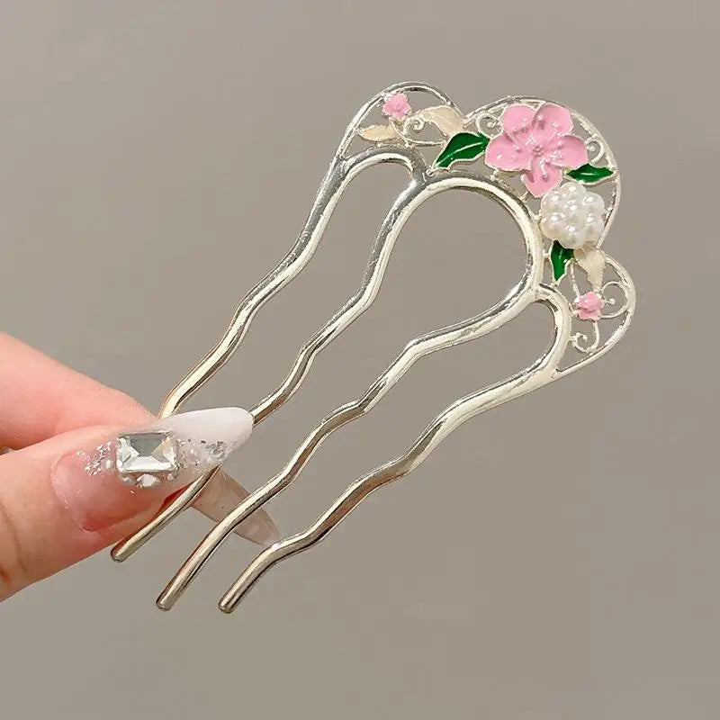 Metal U-Shaped Hair Fork Comb with Pearl Tassel Hair Stick Hair Fork Comb Axl D