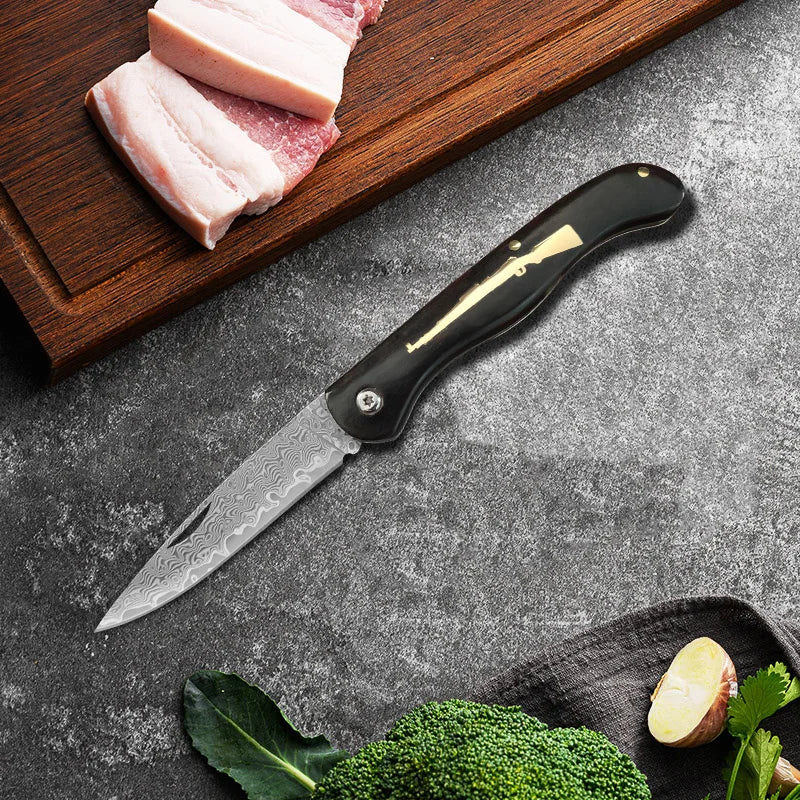 Damascus Steel Folding Knife – Wood Handle Kitchen & BBQ Knife Folding Pocket Knife Axl
