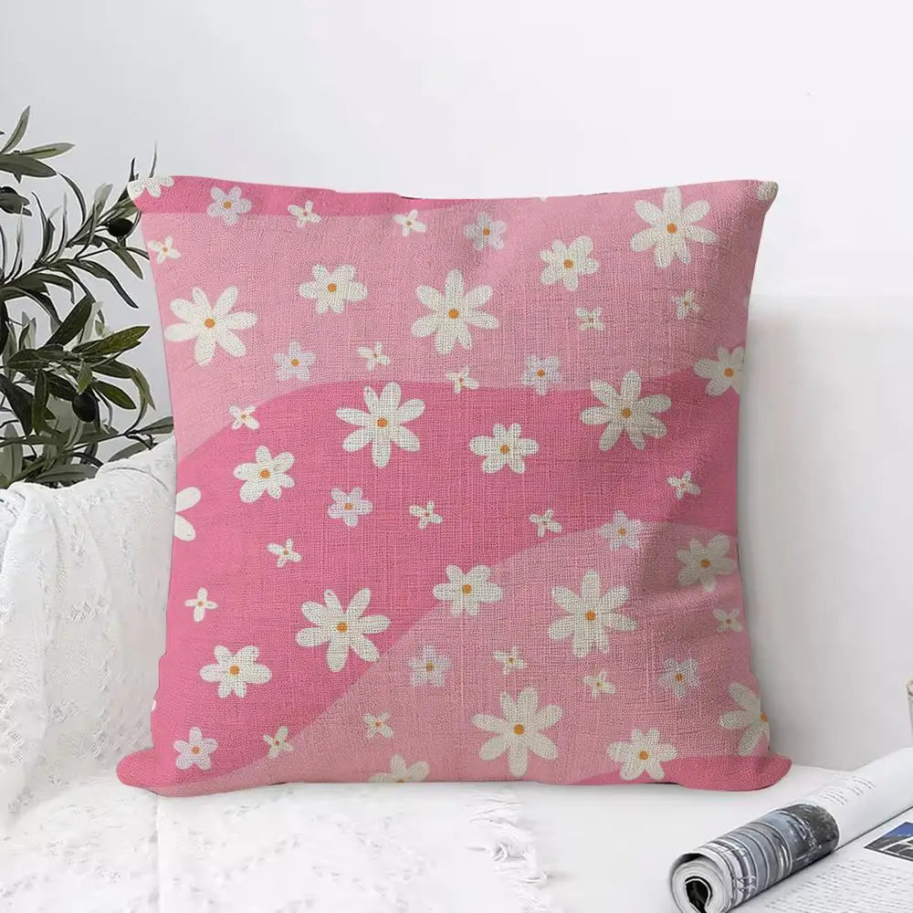 Colorful Daisies Linen Cushion Cover with Hidden Zipper Decorative Cushion Cover Axl White4 50X50cm