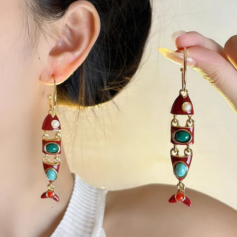 Red Enamel Fish Tassel C-Hoop Earrings | Ethnic Boho Style Hoop Earrings Axl Default Title