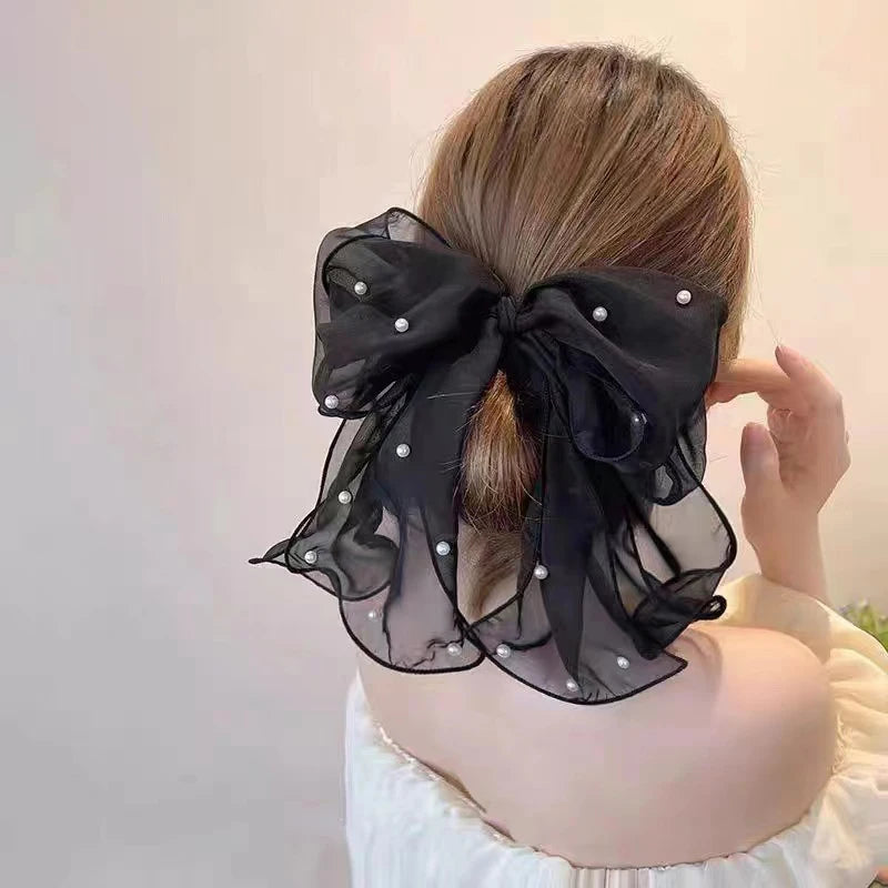 Pearl Bow Hair Clip – Elegant Chiffon Ribbon Barrette for Women Bow Hair Clip Axl Black