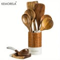 KEMORELA 9-Piece Acacia Wood Cooking Utensils Set with Holder Wooden Utensil Set Axl White