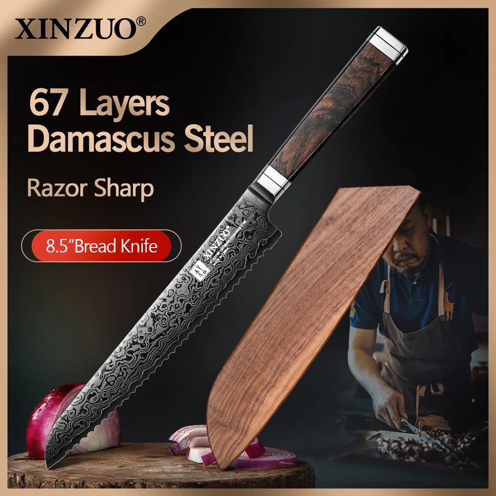 XINZUO Ji 8.46" 67-Layer Damascus Steel Bread Knife | Ebony Handle Damascus Bread Knife Axl