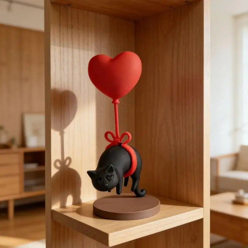3D Printed Cat & Heart Balloon Ornament | Desk & Shelf Decor Decorative Figurine Axl