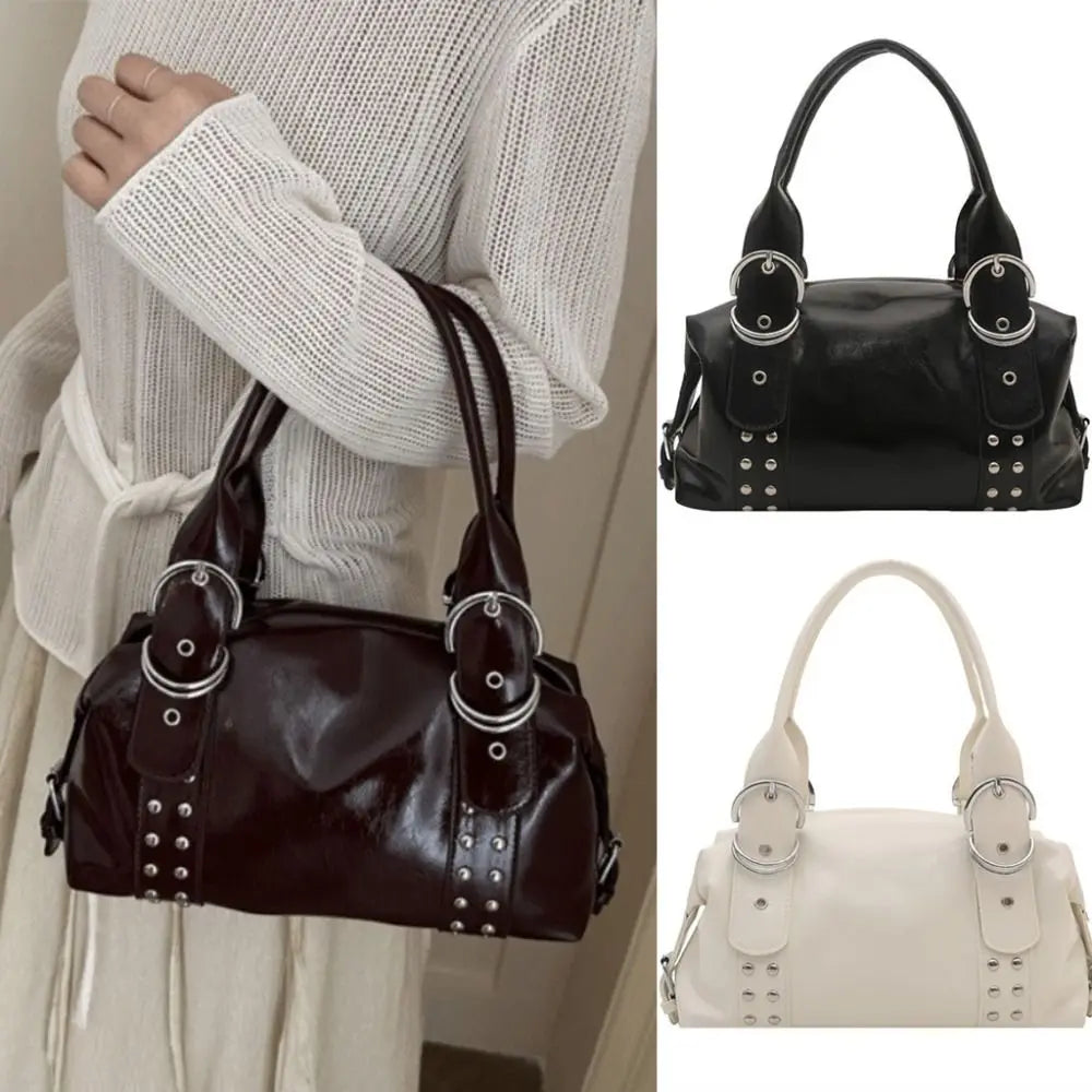 Y2K PU Leather Women's Rivet Shoulder Tote Bag | Large Capacity Shoulder Tote Bag Axl