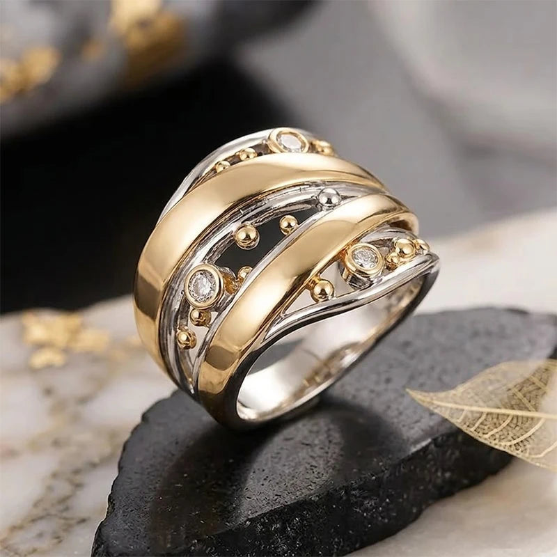 Huitan Two-Tone CZ Ring – Elegant Women's Fashion Band Fashion Ring Axl