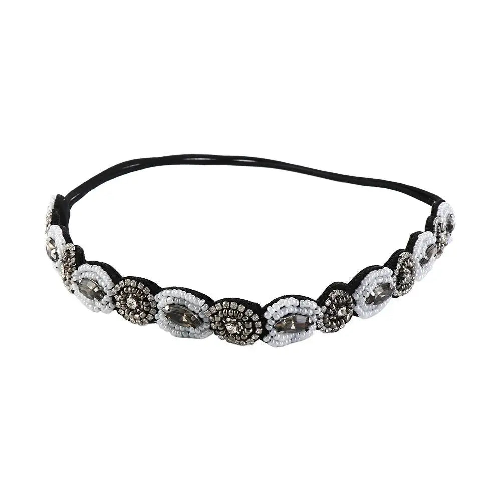 Rhinestone Beaded Headband – Bohemian Elastic Hair Band for Women Beaded Headband Axl white