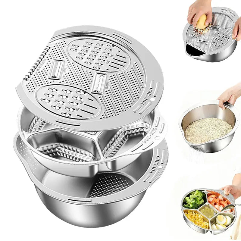 Stainless Steel Colander Set – Rice Washing Bowl & Grater Kitchen Colander Set Axl