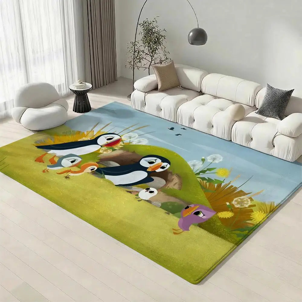 Kids Cartoon Puffin Flannel Floor Rug – Soft Non-Slip Indoor Mat Kids Floor Rug Axl