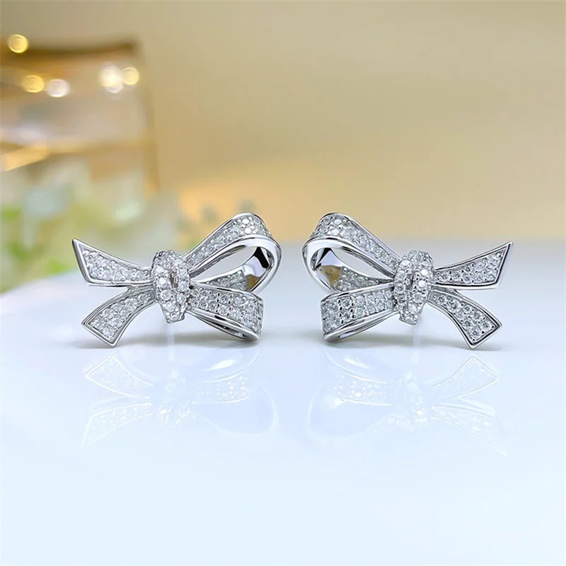 Huitan Silver Bow Stud Earrings – Cubic Zirconia for Women Stud Earrings Axl E2715