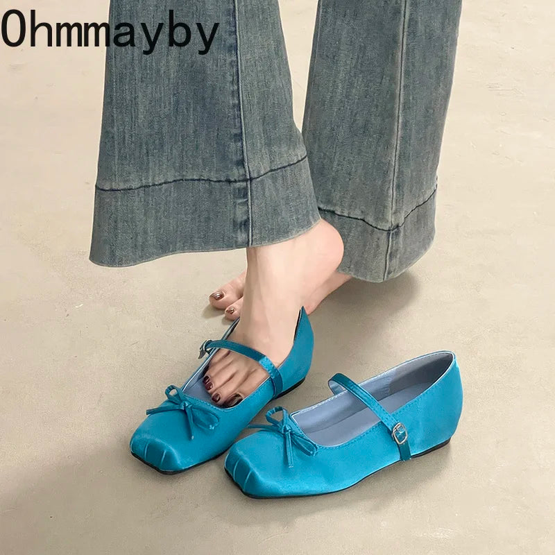 Satin Butterfly-Knot Mary Jane Pumps | Square Toe Buckle Strap Mary Jane Pumps Axl
