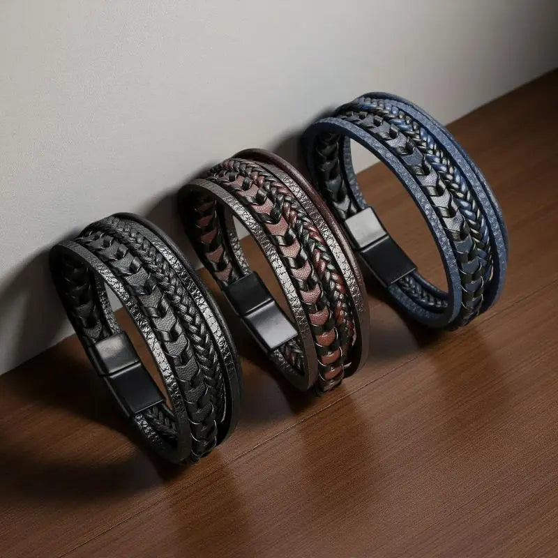 Men's Multilayer Braided Leather Wrap Bracelet | Magnetic Buckle Leather Wrap Bracelet Axl