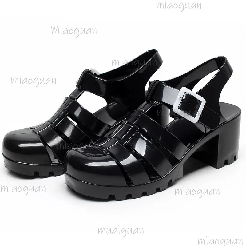 Women's Transparent Bling Roman Jelly Sandals – Mid Heel Jelly Heel Sandals Axl