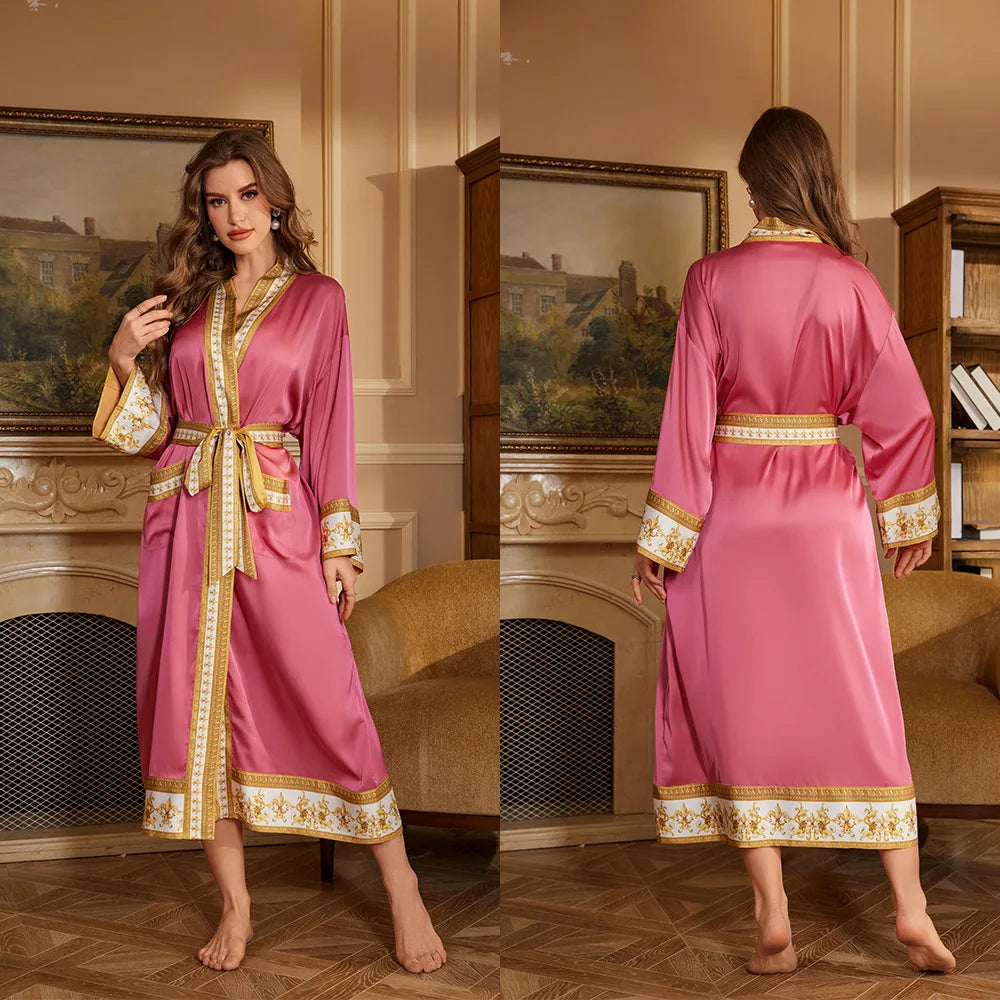 Women's Long Sleeve Printed Lace-Up Robe | Casual Bathrobe Women's Bathrobe Axl pink gold One Size