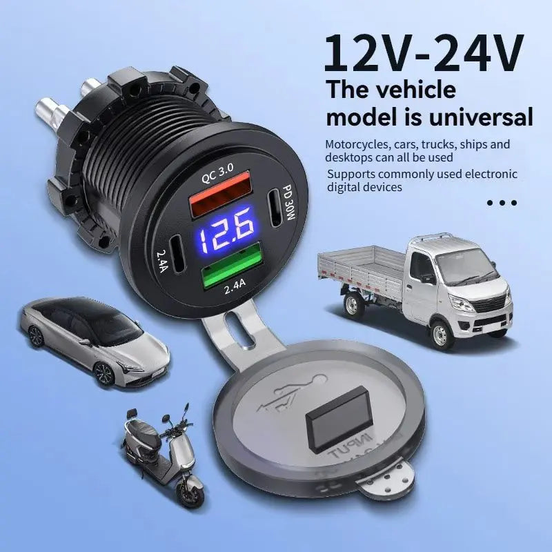4-Port Car Charger Socket Dual USB-C & USB-A 96W + Voltmeter Car Charger Socket Axl