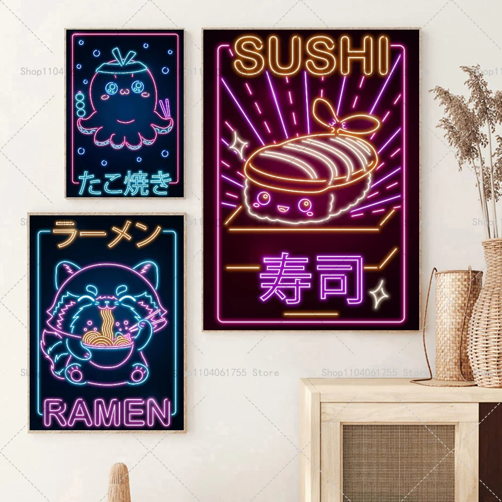 Neon Retro Japanese Ramen Sushi Cat Wall Poster Sticker Wall Poster Sticker Axl