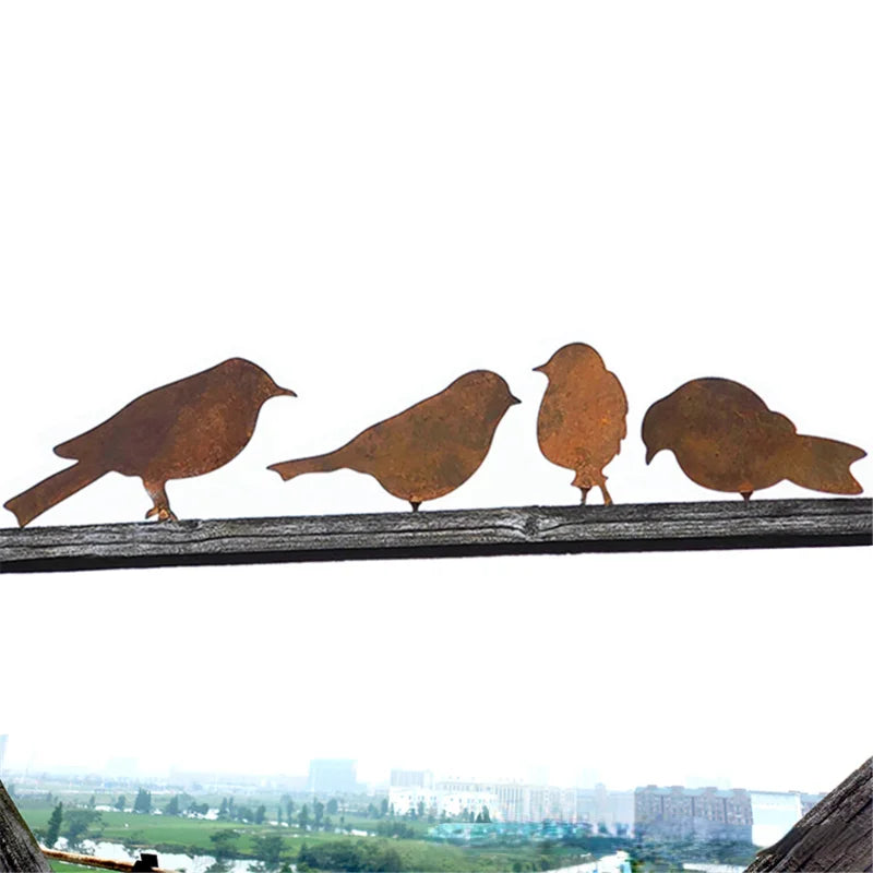 4-Piece Rusty Metal Bird Silhouette Ornaments | Garden Fence Decor Garden Metal Ornament Axl