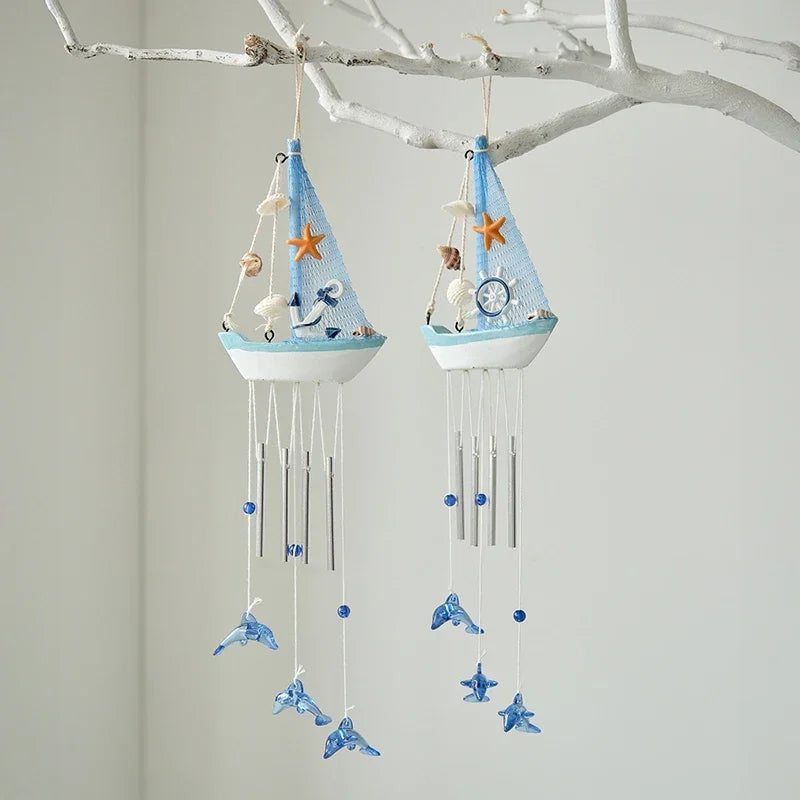 Mediterranean Wooden Sailboat Wind Chime | Nautical Hanging Decor Wind Chime Ornament Axl