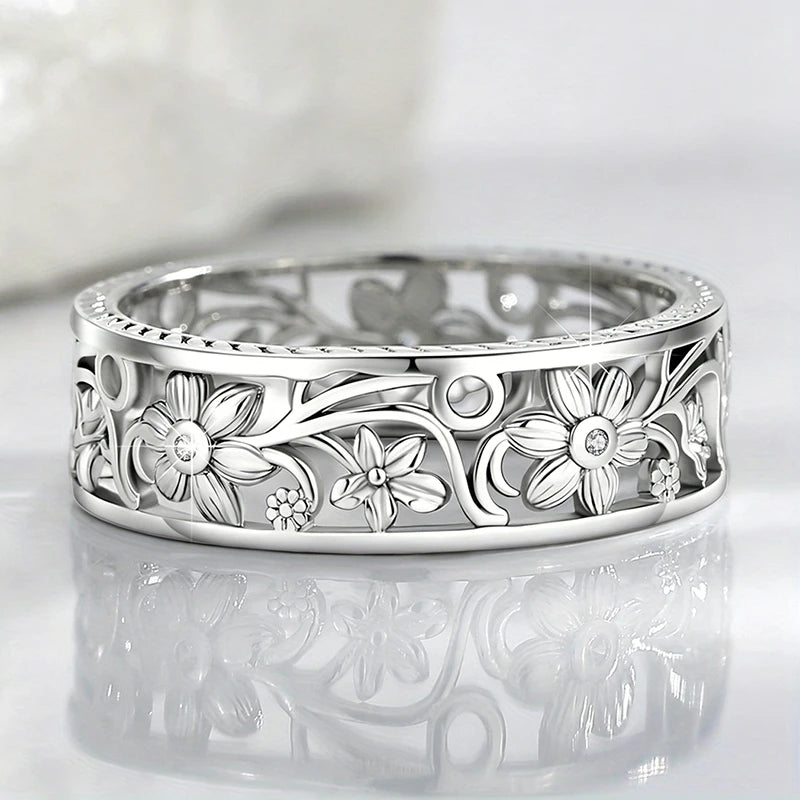 Huitan Silver Hollow Floral Ring – Women's Wedding Band Fashion Ring Axl T1092 10