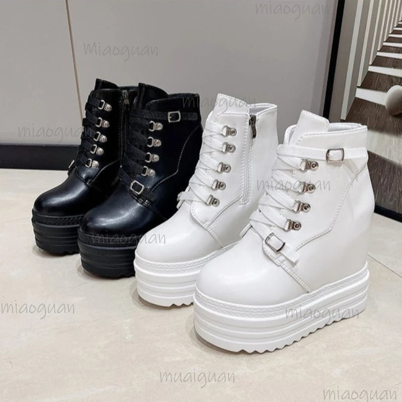 Women's 6CM Platform Wedge Ankle Boots – Metal Buckle Strap Platform Wedge Boots Axl