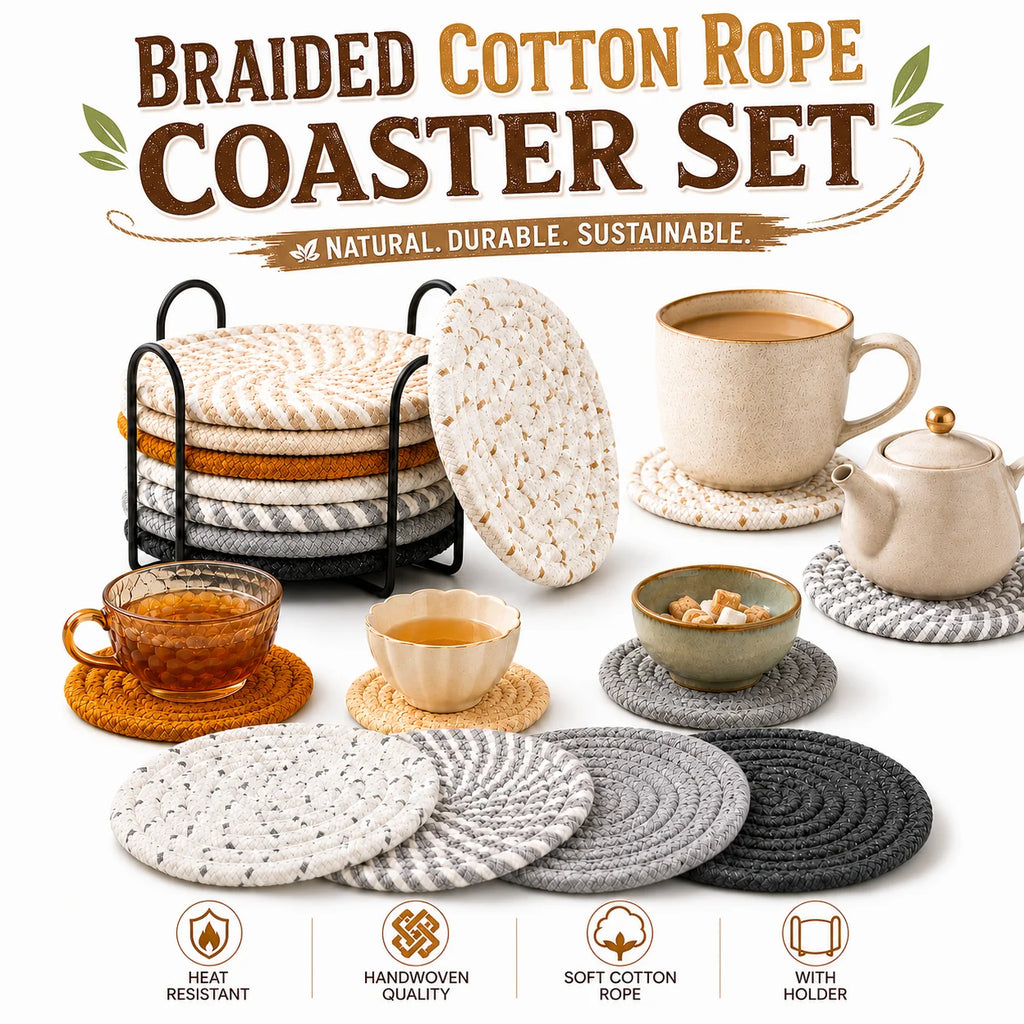 9-Pc Boho Cotton Woven Coasters Set with Holder – Absorbent Drink Coasters Set Axl