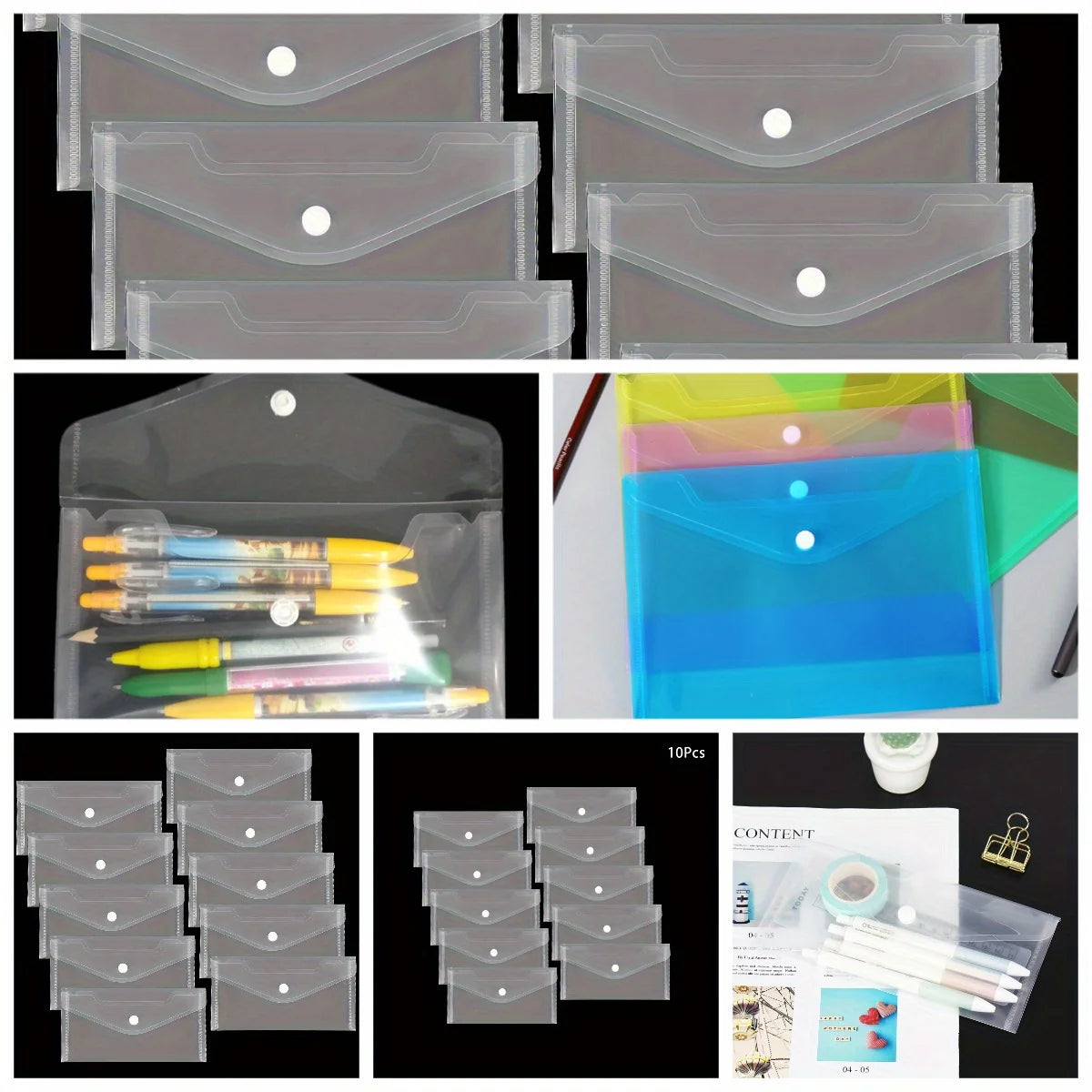 10-Pack A5 Transparent Document Bags | Button Closure Organizer Document Storage Bags Axl