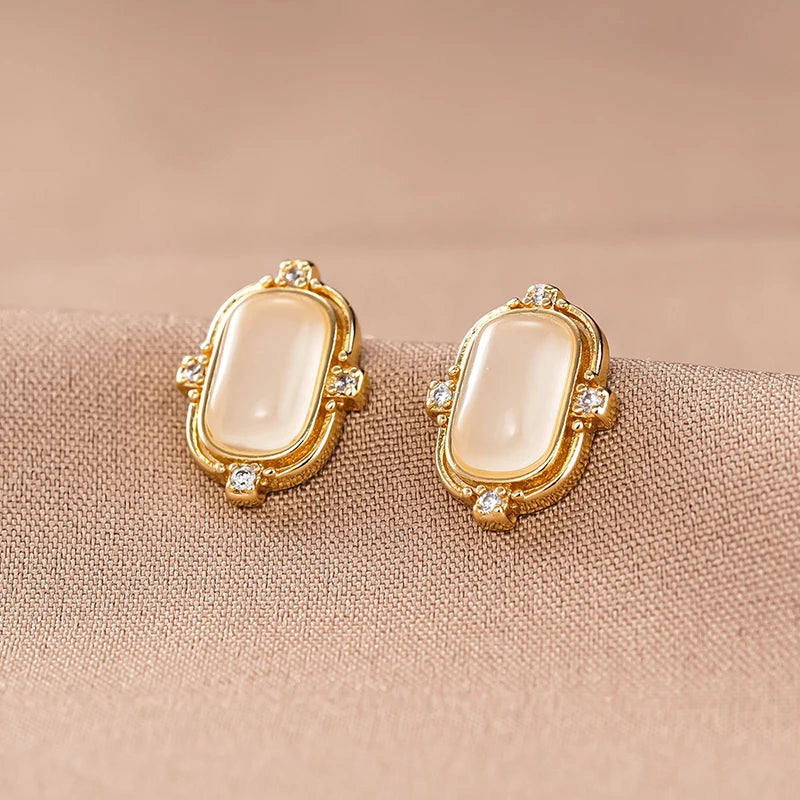 Huitan Opal & CZ Geometric Gold Stud Earrings for Women Stud Earrings Axl