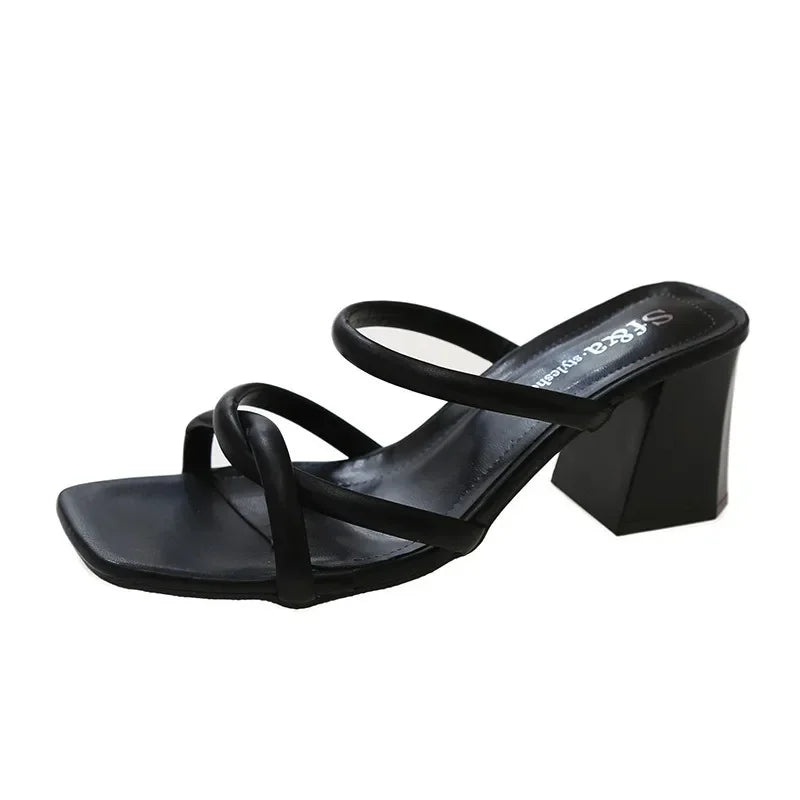 Women's Square Toe Chunky Mid-Heel Sandals | Pleated Strap Block Heel Sandals Axl