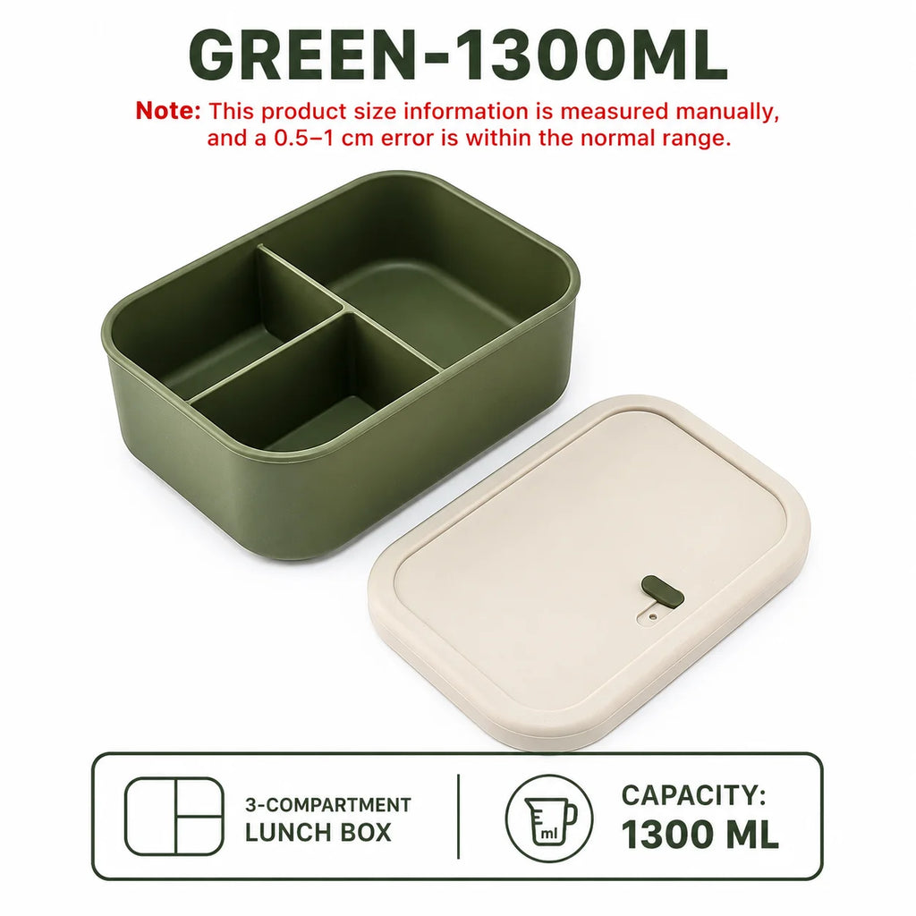 UWHISE Silicone Bento Box 3-Compartment Microwave Safe Lunch Box Silicone Lunch Box Axl Green-1300ml