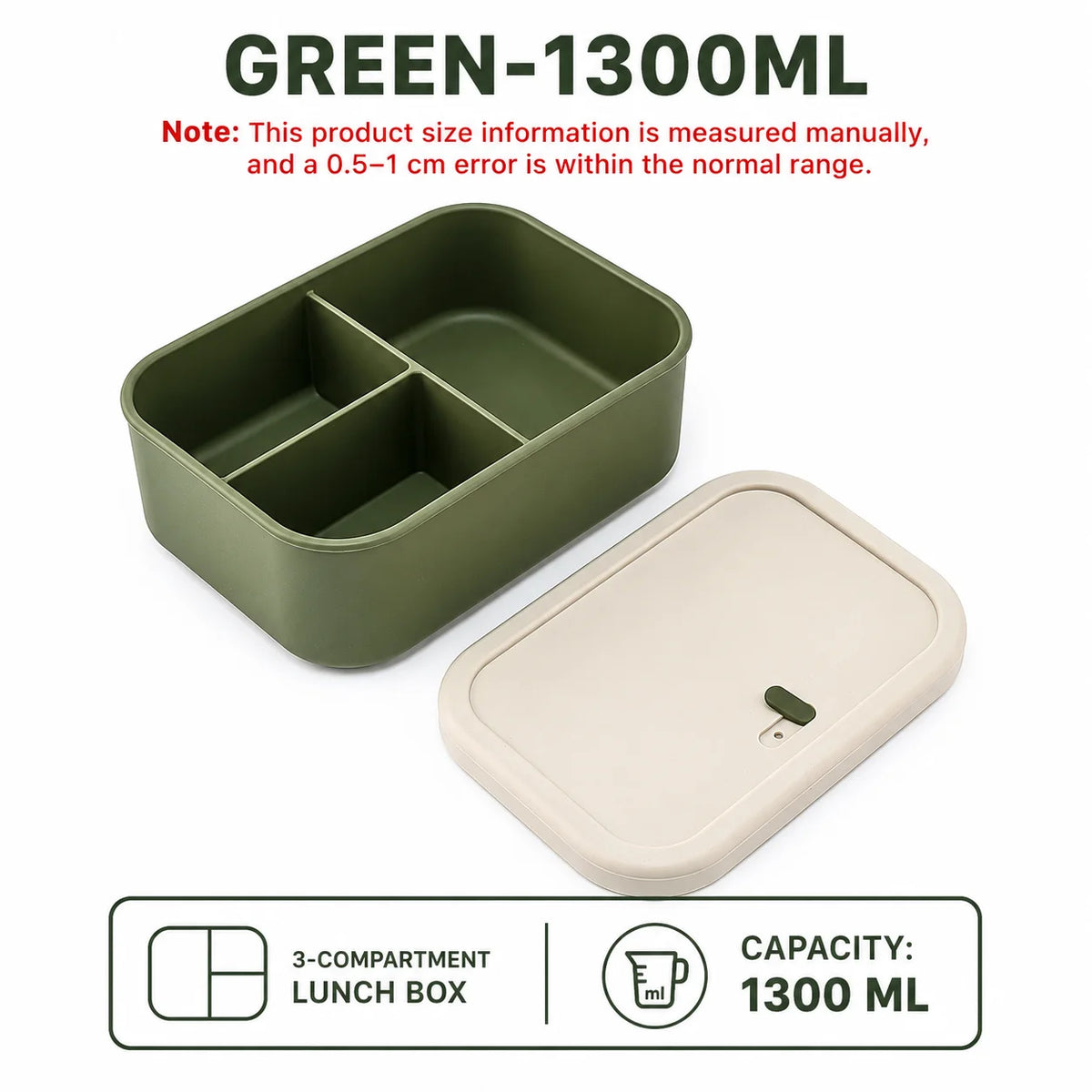 UWHISE Silicone Bento Box 3-Compartment Microwave Safe Lunch Box Silicone Lunch Box Axl Green-1300ml