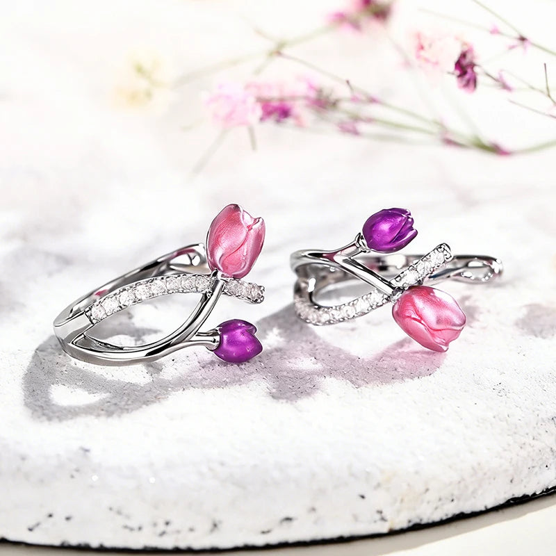 Huitan Pink Purple Tulip Hoop Earrings – CZ Flower Jewelry Hoop Earrings Axl