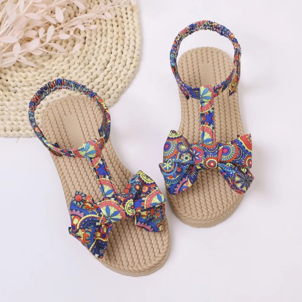 Printed Bow Flat Women's Sandals – Hollow Round Toe Summer Flat Sandals Axl