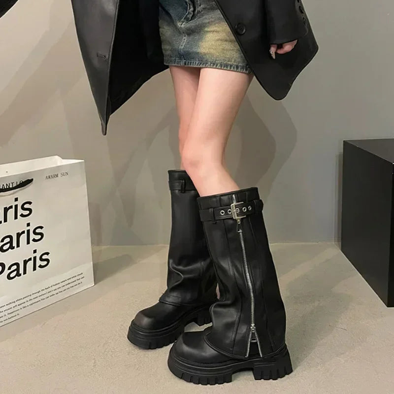 Women's Knee-High Platform Knight Boots – Belt Buckle Zip Knee-High Boots Axl